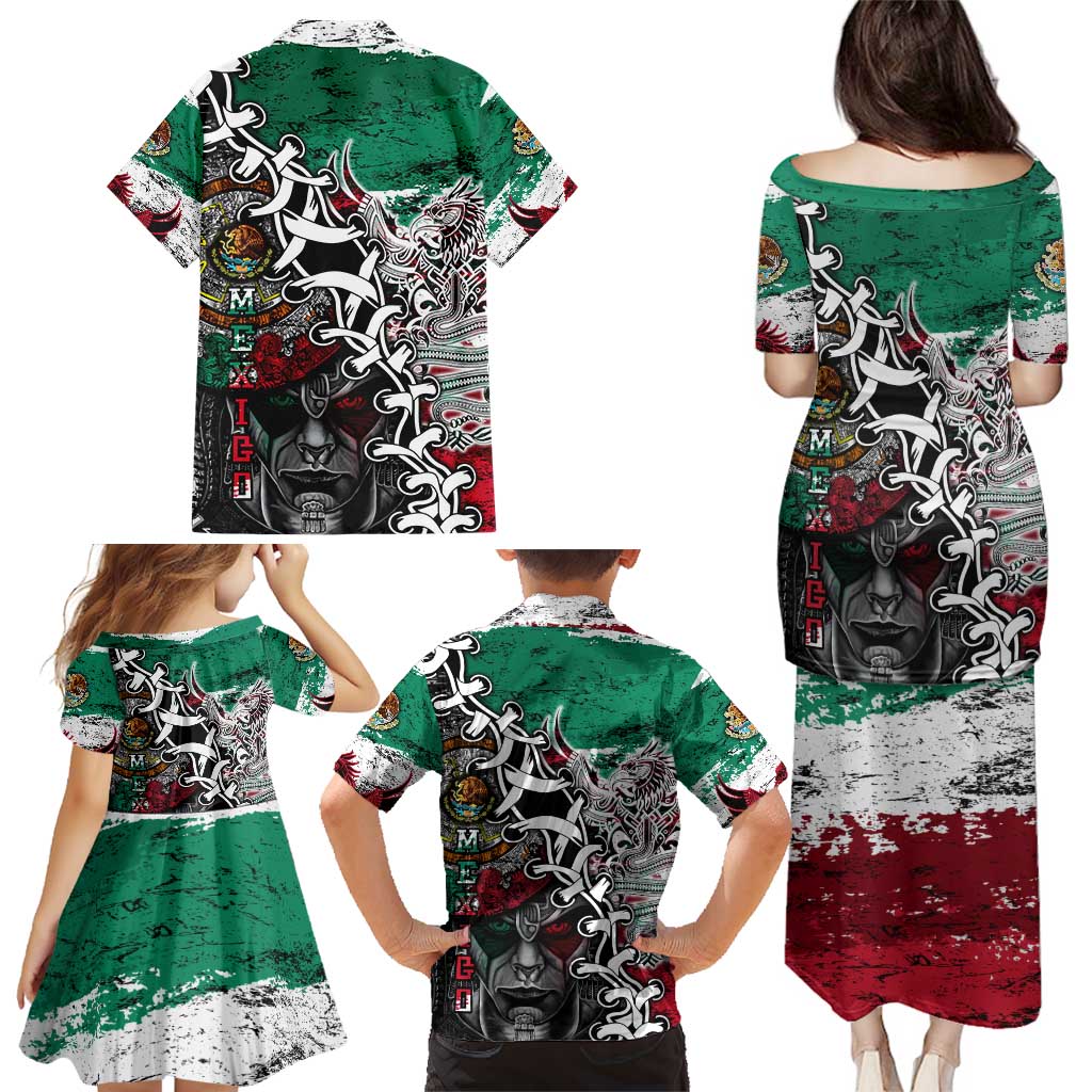 Aztec Warrior Mexican Family Matching Puletasi and Hawaiian Shirt Aztec Calendar Coat of Arms