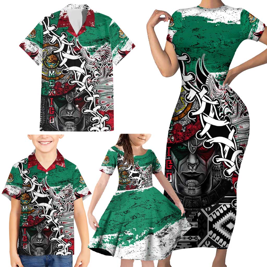 Aztec Warrior Mexican Family Matching Short Sleeve Bodycon Dress and Hawaiian Shirt Aztec Calendar Coat of Arms