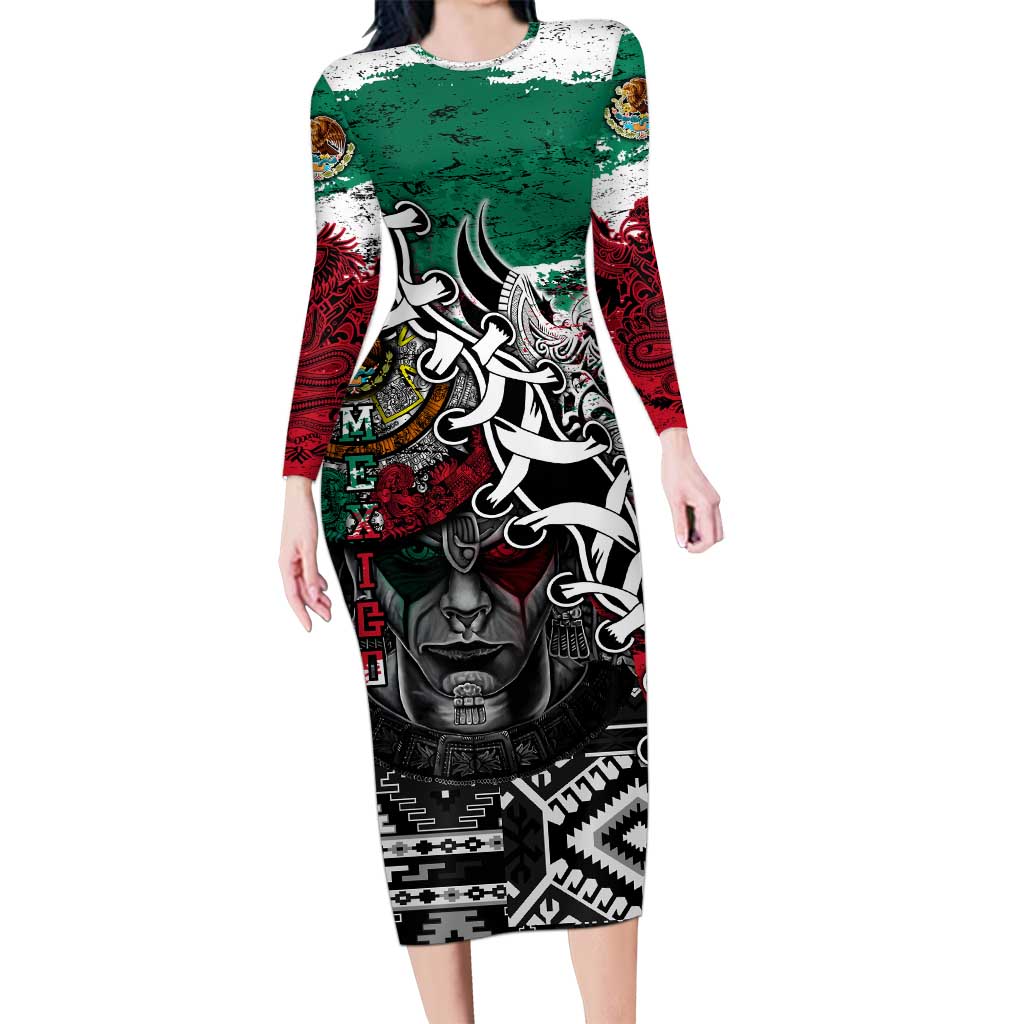 Aztec Warrior Mexican Long Sleeve Bodycon Dress Aztec Calendar Coat of Arms