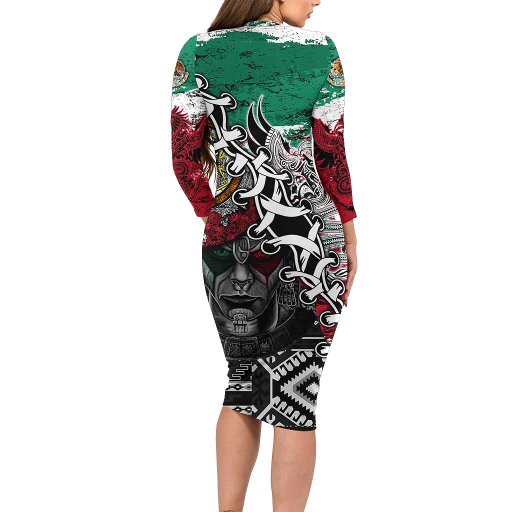 Aztec Warrior Mexican Long Sleeve Bodycon Dress Aztec Calendar Coat of Arms