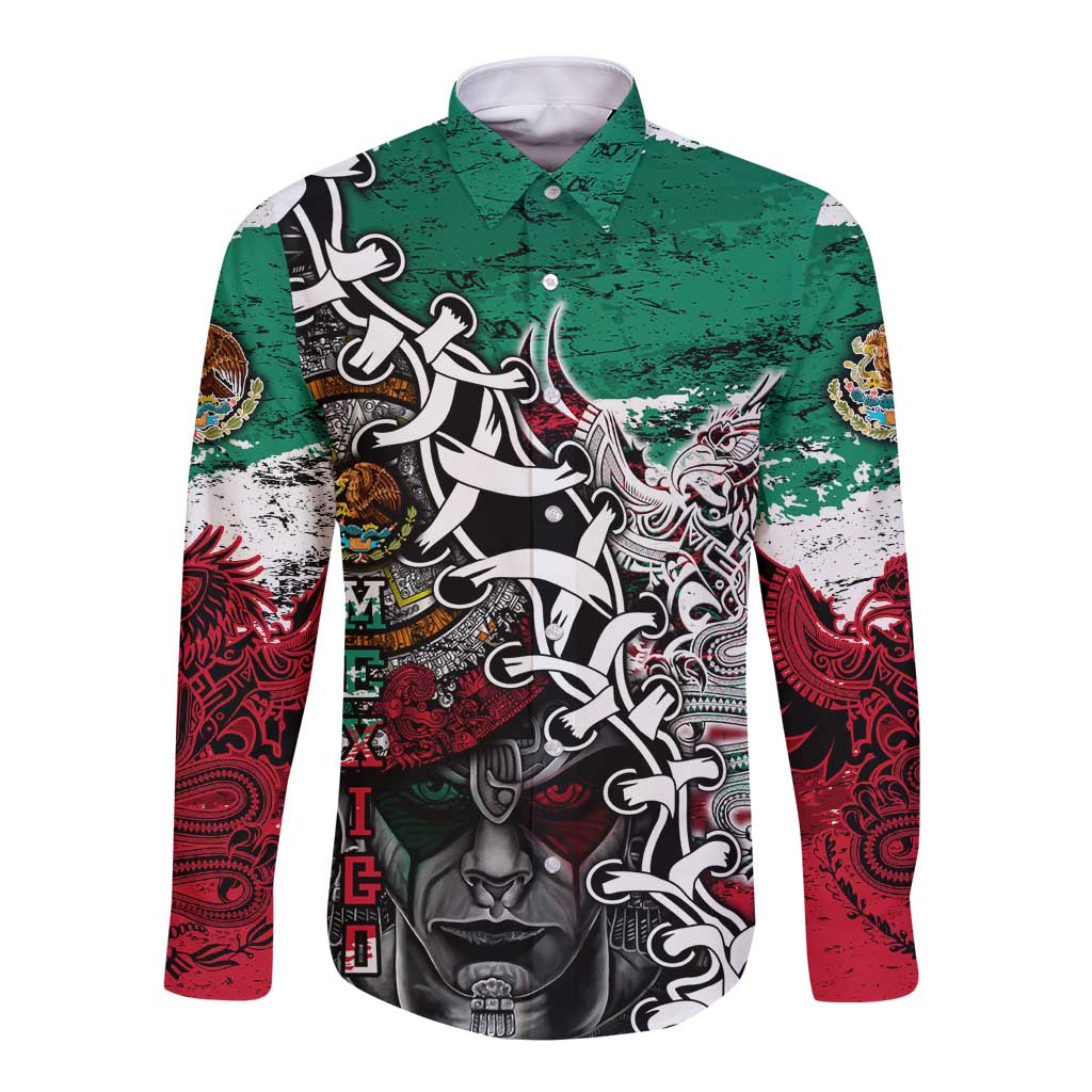 Aztec Warrior Mexican Long Sleeve Button Shirt Aztec Calendar Coat of Arms