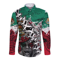 Aztec Warrior Mexican Long Sleeve Button Shirt Aztec Calendar Coat of Arms