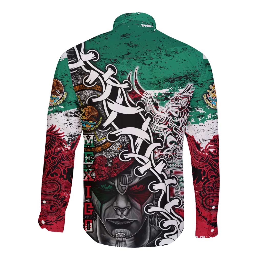 Aztec Warrior Mexican Long Sleeve Button Shirt Aztec Calendar Coat of Arms