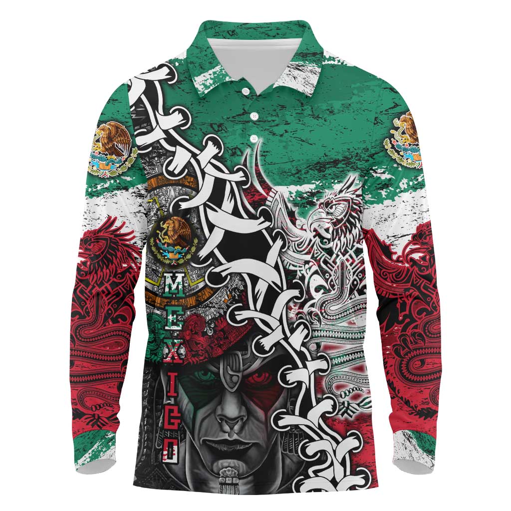 Aztec Warrior Mexican Long Sleeve Polo Shirt Aztec Calendar Coat of Arms