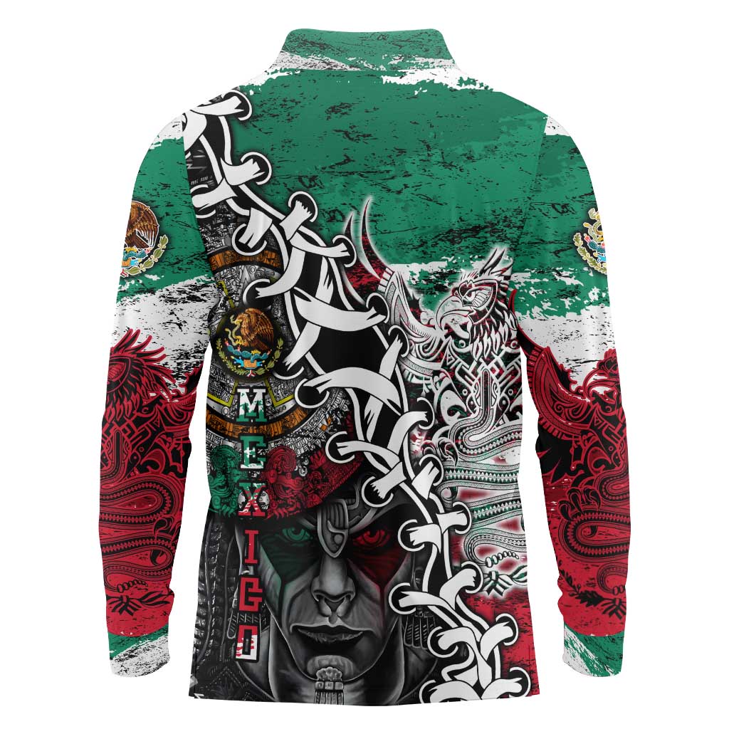 Aztec Warrior Mexican Long Sleeve Polo Shirt Aztec Calendar Coat of Arms