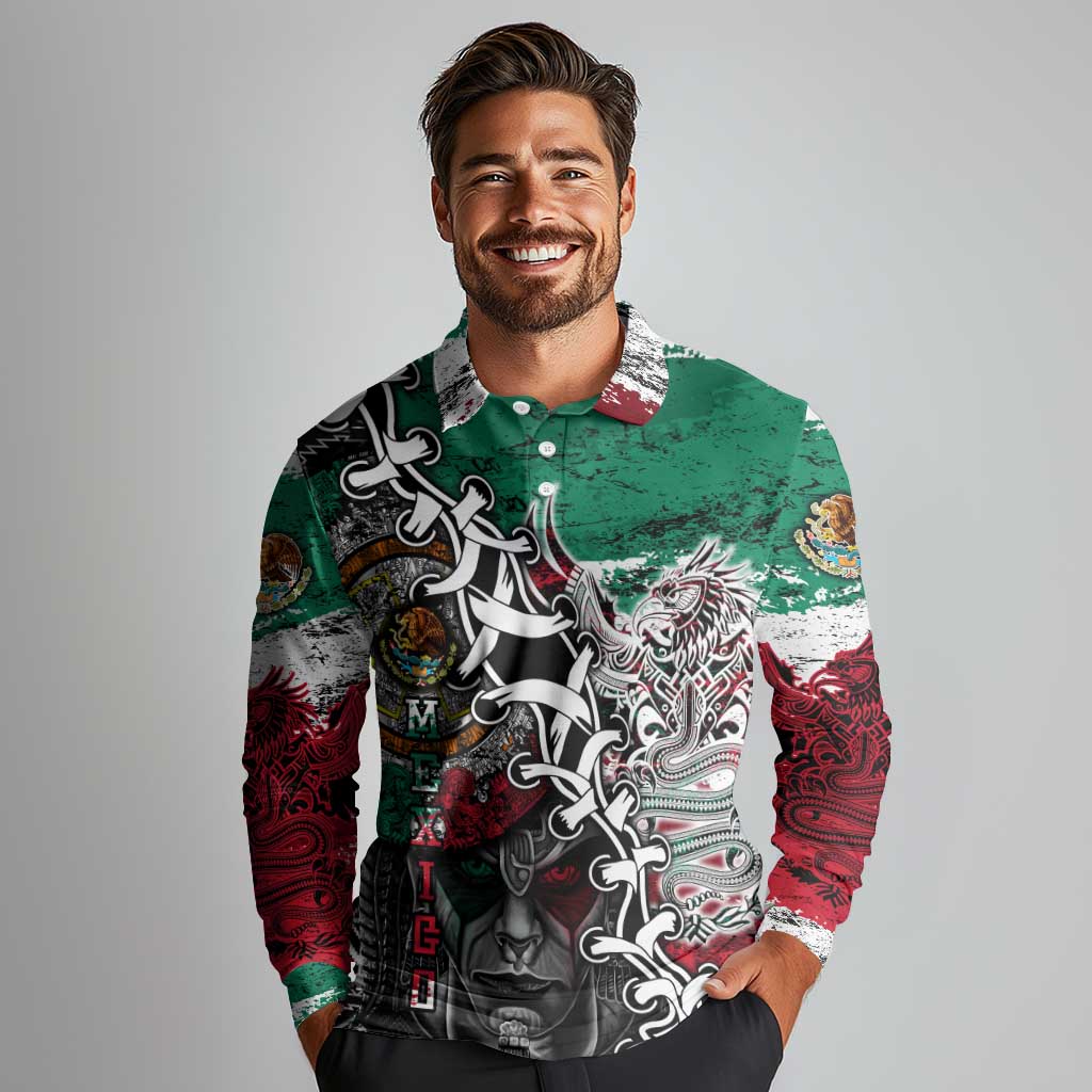 Aztec Warrior Mexican Long Sleeve Polo Shirt Aztec Calendar Coat of Arms