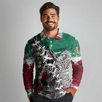 Aztec Warrior Mexican Long Sleeve Polo Shirt Aztec Calendar Coat of Arms