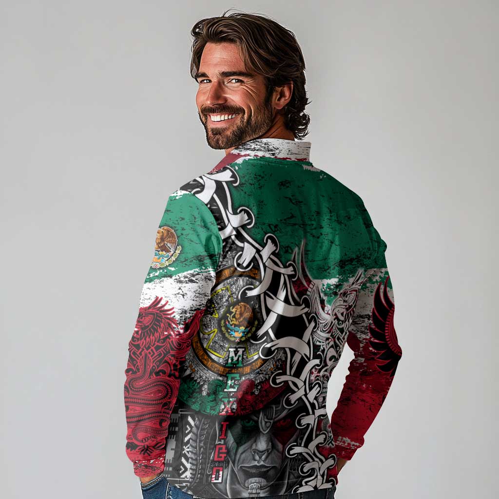 Aztec Warrior Mexican Long Sleeve Polo Shirt Aztec Calendar Coat of Arms