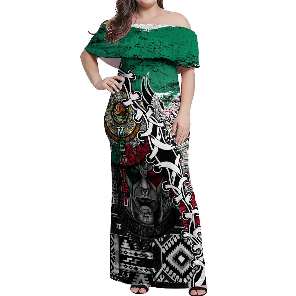 Aztec Warrior Mexican Off Shoulder Maxi Dress Aztec Calendar Coat of Arms