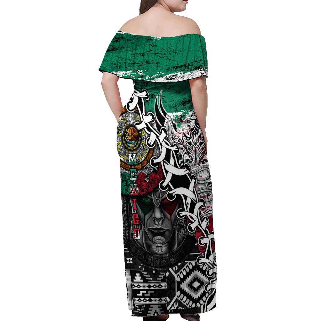 Aztec Warrior Mexican Off Shoulder Maxi Dress Aztec Calendar Coat of Arms