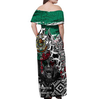 Aztec Warrior Mexican Off Shoulder Maxi Dress Aztec Calendar Coat of Arms