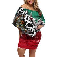 Aztec Warrior Mexican Off Shoulder Short Dress Aztec Calendar Coat of Arms