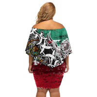 Aztec Warrior Mexican Off Shoulder Short Dress Aztec Calendar Coat of Arms