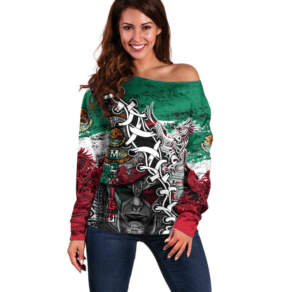 Aztec Warrior Mexican Off Shoulder Sweater Aztec Calendar Coat of Arms