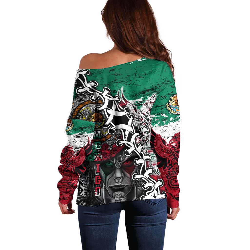 Aztec Warrior Mexican Off Shoulder Sweater Aztec Calendar Coat of Arms