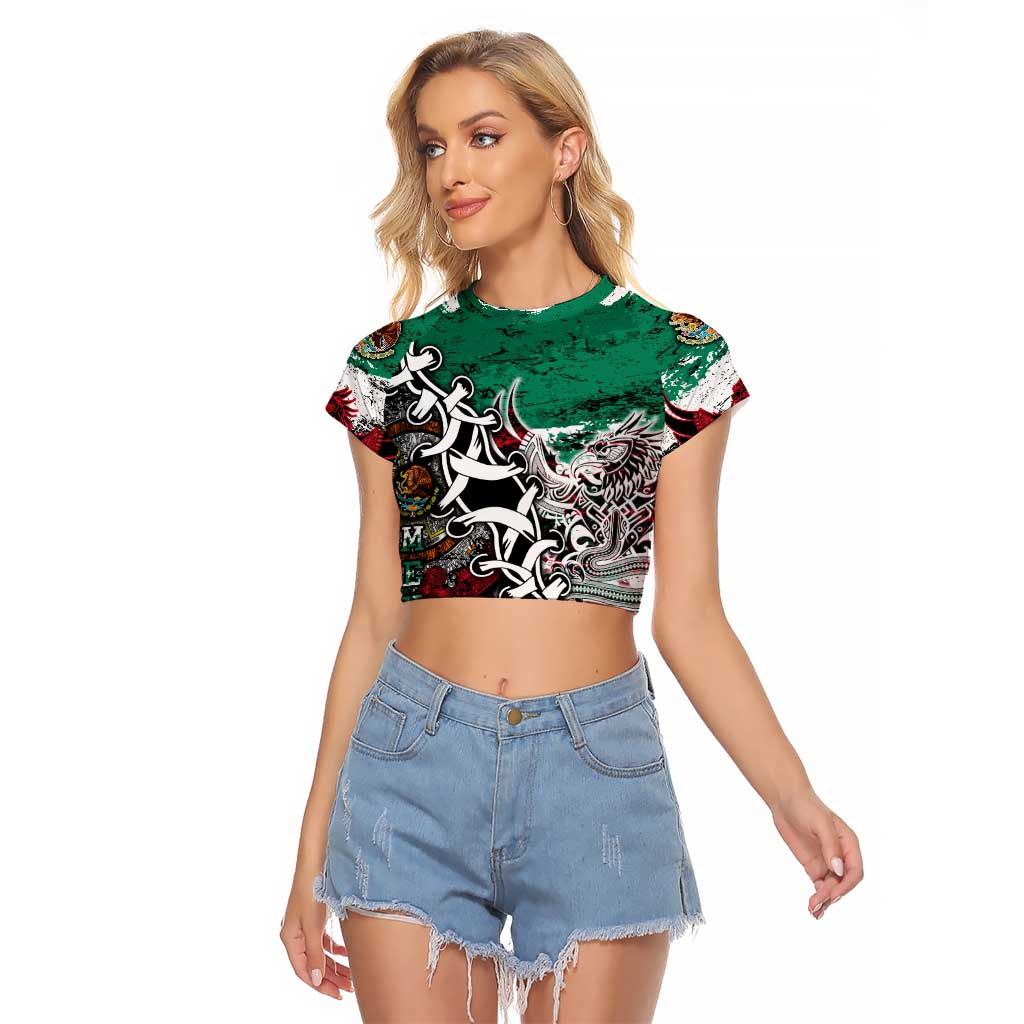 Aztec Warrior Mexican Raglan Cropped T Shirt Aztec Calendar Coat of Arms