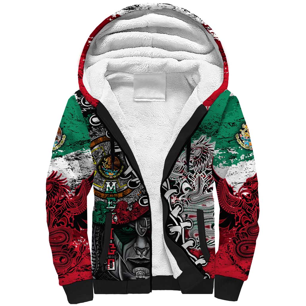 Aztec Warrior Mexican Sherpa Hoodie Aztec Calendar Coat of Arms