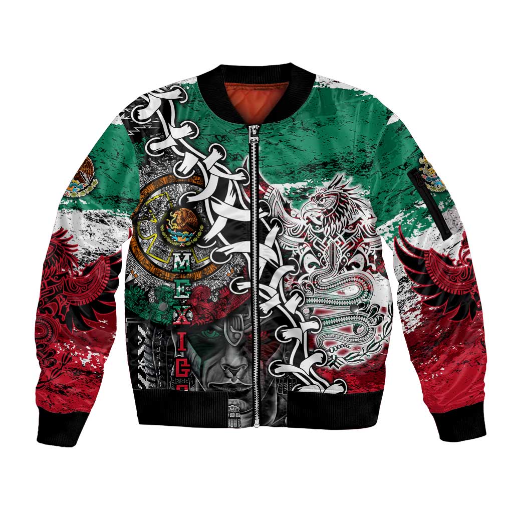 Aztec Warrior Mexican Sleeve Zip Bomber Jacket Aztec Calendar Coat of Arms