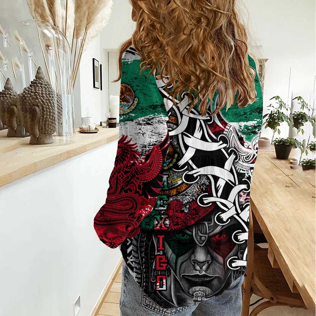 Aztec Warrior Mexican Women Casual Shirt Aztec Calendar Coat of Arms