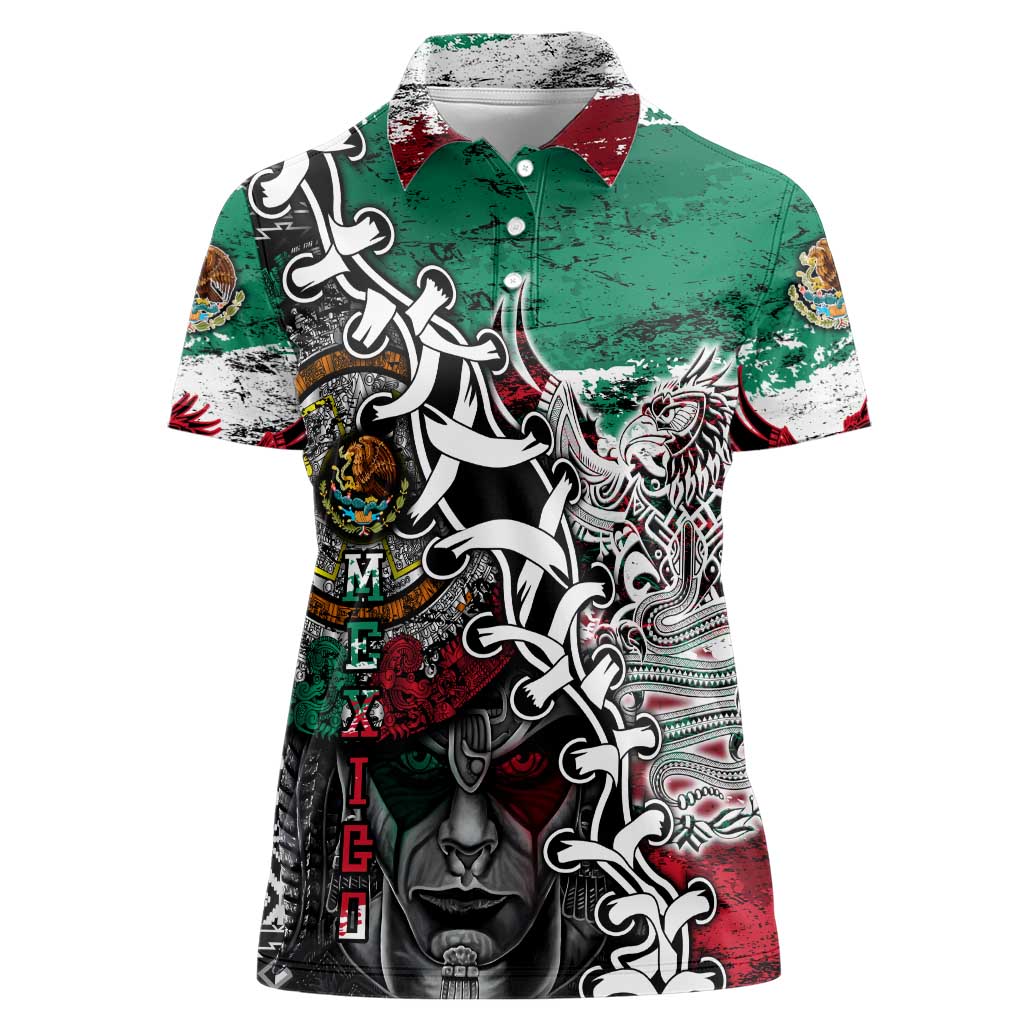 Aztec Warrior Mexican Women Polo Shirt Aztec Calendar Coat of Arms
