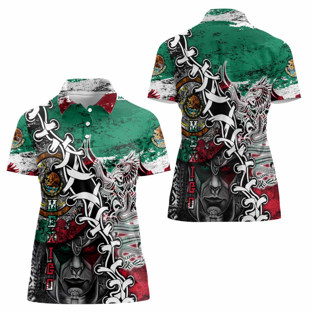 Aztec Warrior Mexican Women Polo Shirt Aztec Calendar Coat of Arms