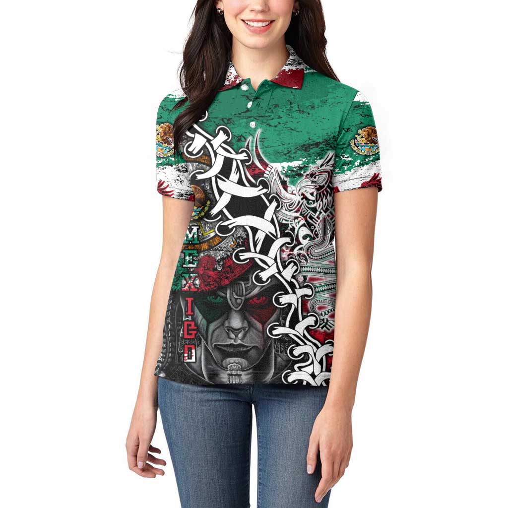 Aztec Warrior Mexican Women Polo Shirt Aztec Calendar Coat of Arms