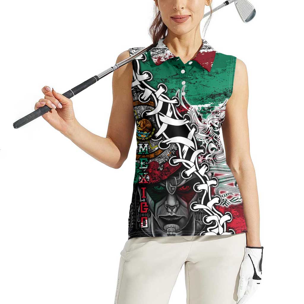 Aztec Warrior Mexican Women Sleeveless Polo Shirt Aztec Calendar Coat of Arms