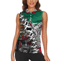 Aztec Warrior Mexican Women Sleeveless Polo Shirt Aztec Calendar Coat of Arms