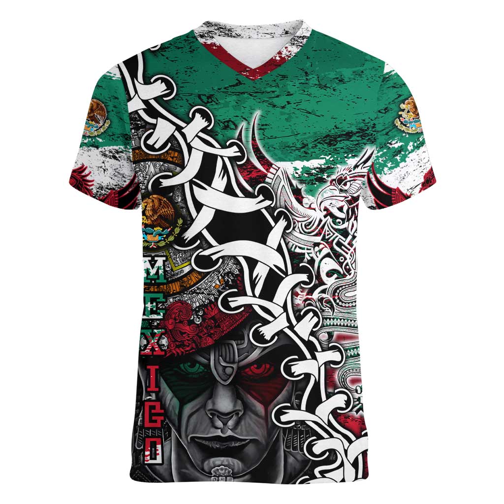 Aztec Warrior Mexican Women V-Neck T-Shirt Aztec Calendar Coat of Arms