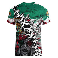 Aztec Warrior Mexican Women V-Neck T-Shirt Aztec Calendar Coat of Arms