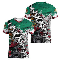 Aztec Warrior Mexican Women V-Neck T-Shirt Aztec Calendar Coat of Arms