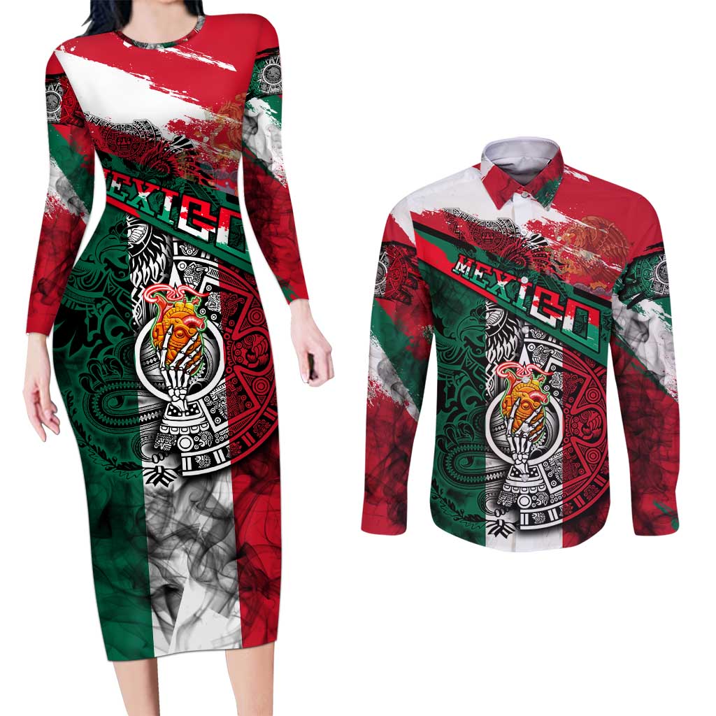 My Home My Blood Mexico Couples Matching Long Sleeve Bodycon Dress and Long Sleeve Button Shirt Mexican Map Aztec