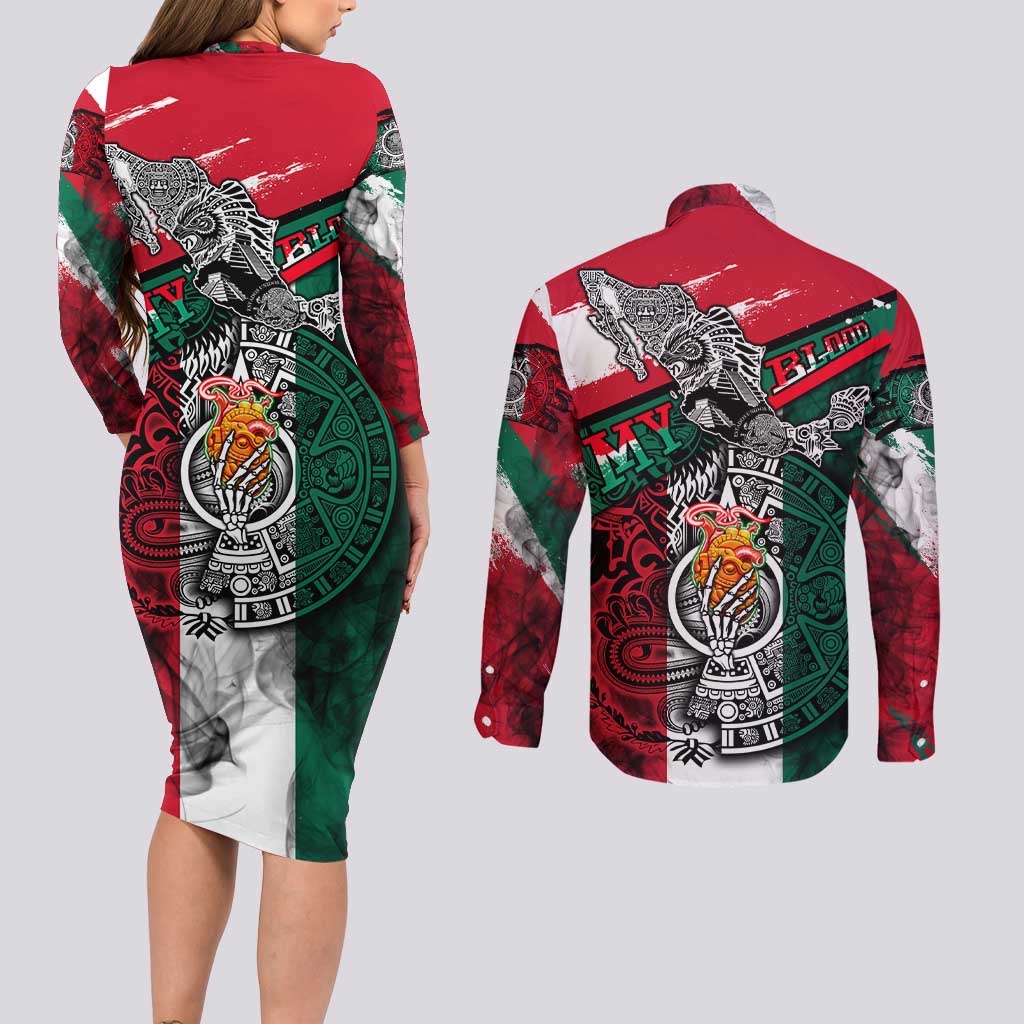 My Home My Blood Mexico Couples Matching Long Sleeve Bodycon Dress and Long Sleeve Button Shirt Mexican Map Aztec
