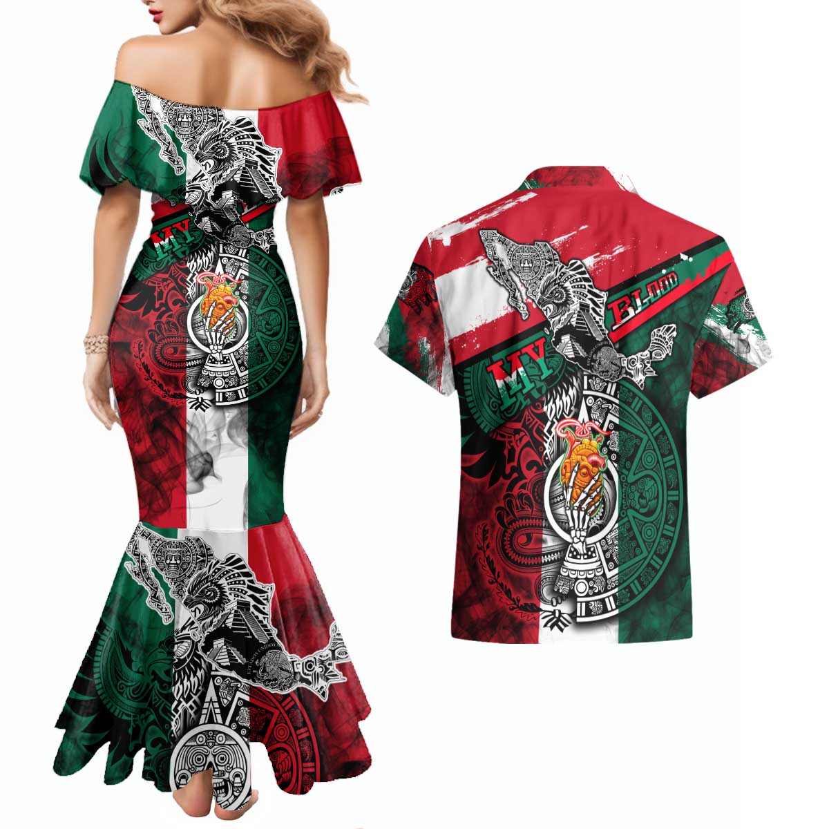 My Home My Blood Mexico Couples Matching Mermaid Dress and Hawaiian Shirt Mexican Map Aztec
