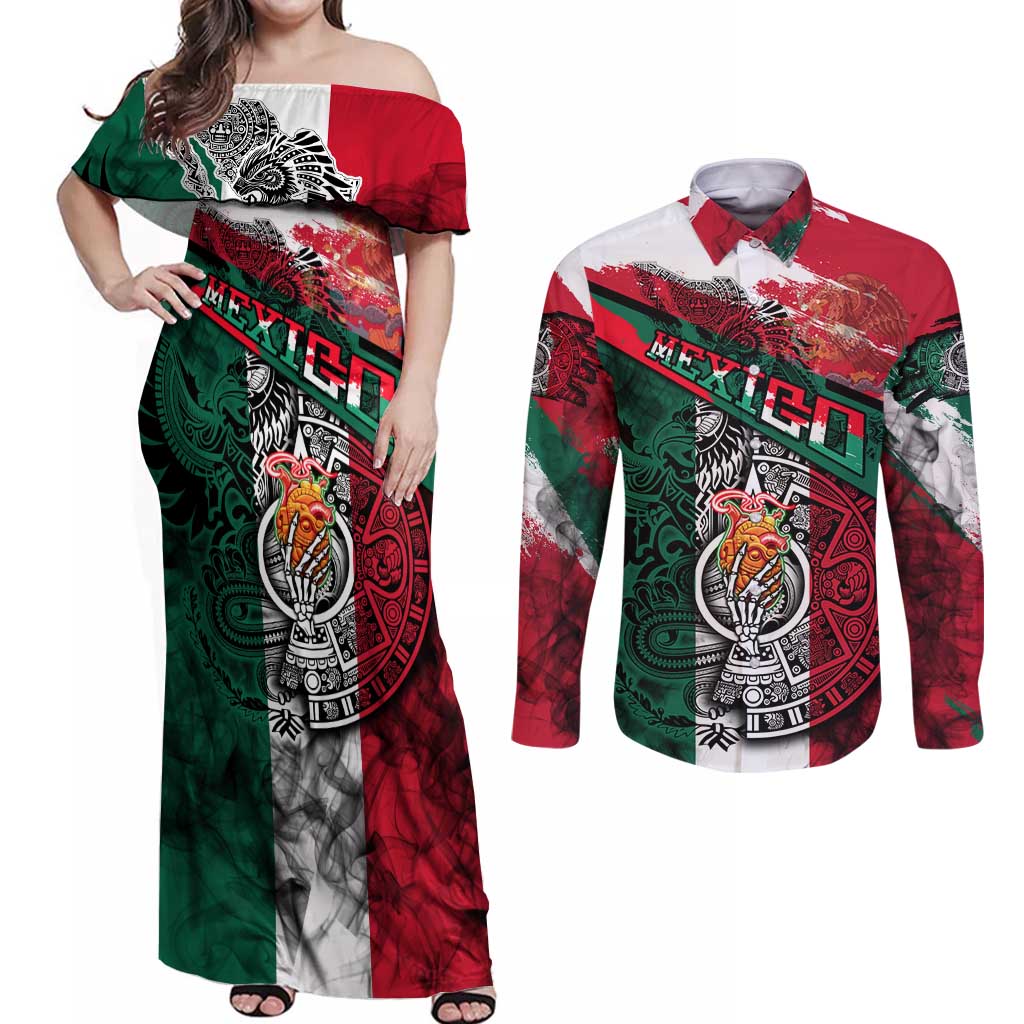 My Home My Blood Mexico Couples Matching Off Shoulder Maxi Dress and Long Sleeve Button Shirt Mexican Map Aztec