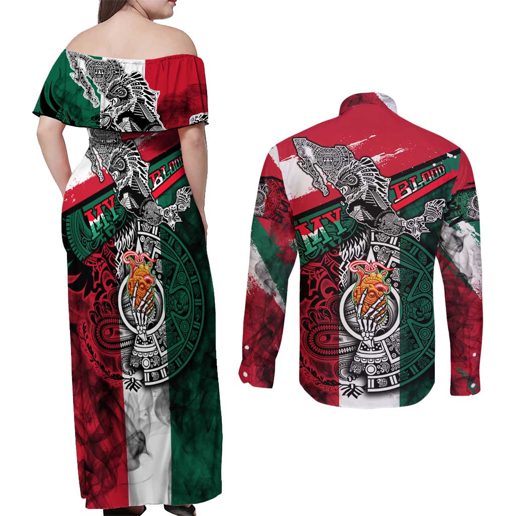 My Home My Blood Mexico Couples Matching Off Shoulder Maxi Dress and Long Sleeve Button Shirt Mexican Map Aztec