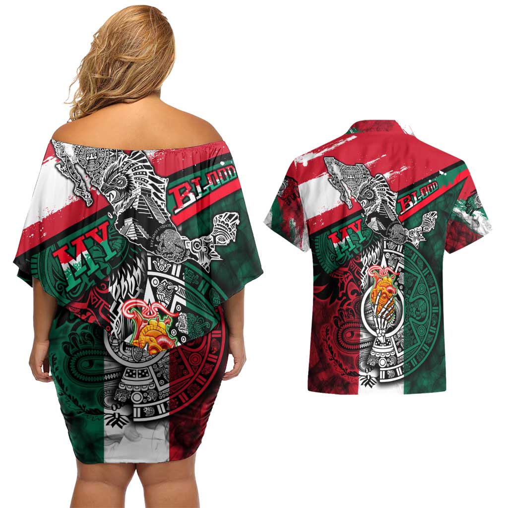 My Home My Blood Mexico Couples Matching Off Shoulder Short Dress and Hawaiian Shirt Mexican Map Aztec