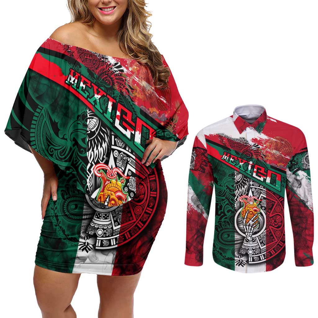 My Home My Blood Mexico Couples Matching Off Shoulder Short Dress and Long Sleeve Button Shirt Mexican Map Aztec