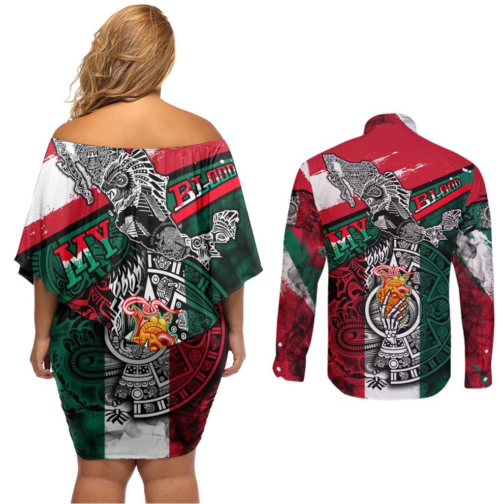 My Home My Blood Mexico Couples Matching Off Shoulder Short Dress and Long Sleeve Button Shirt Mexican Map Aztec