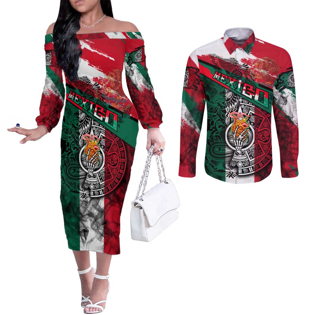 My Home My Blood Mexico Couples Matching Off The Shoulder Long Sleeve Dress and Long Sleeve Button Shirt Mexican Map Aztec