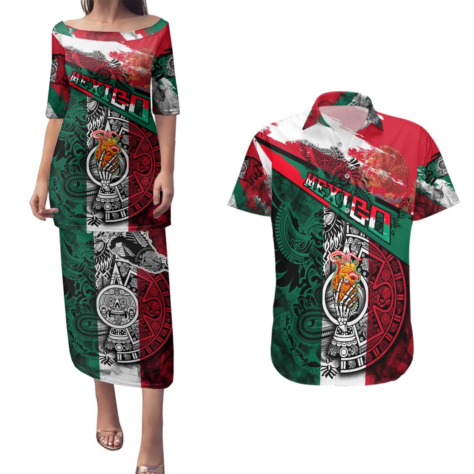 My Home My Blood Mexico Couples Matching Puletasi and Hawaiian Shirt Mexican Map Aztec