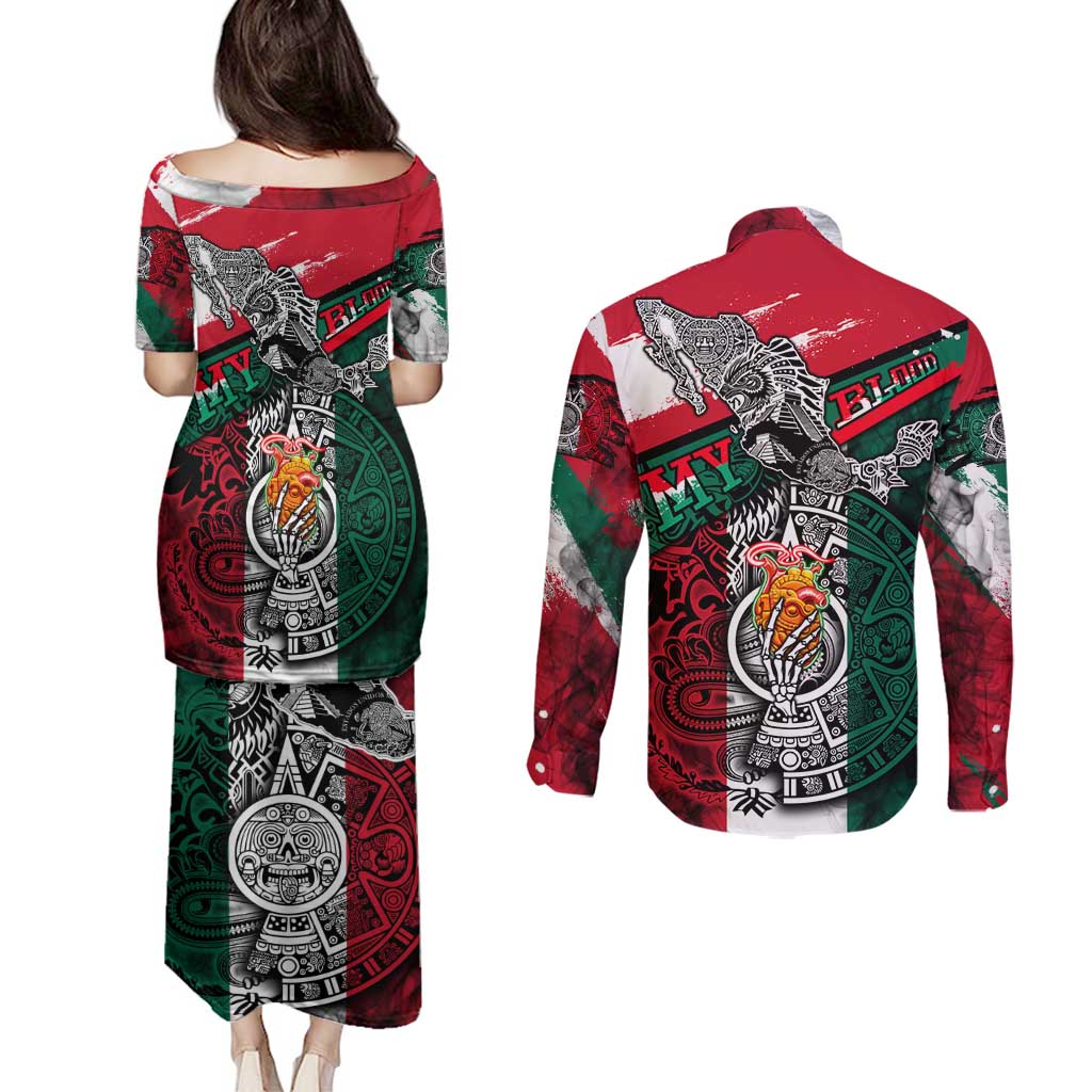 My Home My Blood Mexico Couples Matching Puletasi and Long Sleeve Button Shirt Mexican Map Aztec
