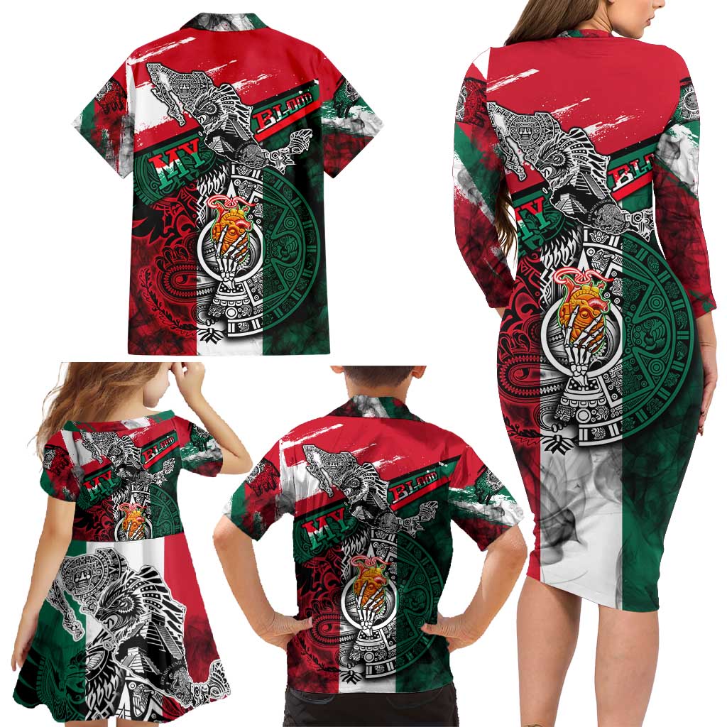 My Home My Blood Mexico Family Matching Long Sleeve Bodycon Dress and Hawaiian Shirt Mexican Map Aztec