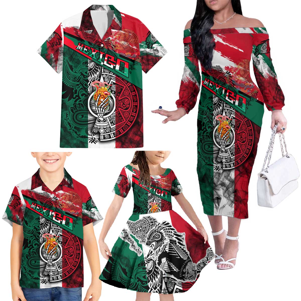 My Home My Blood Mexico Family Matching Off The Shoulder Long Sleeve Dress and Hawaiian Shirt Mexican Map Aztec