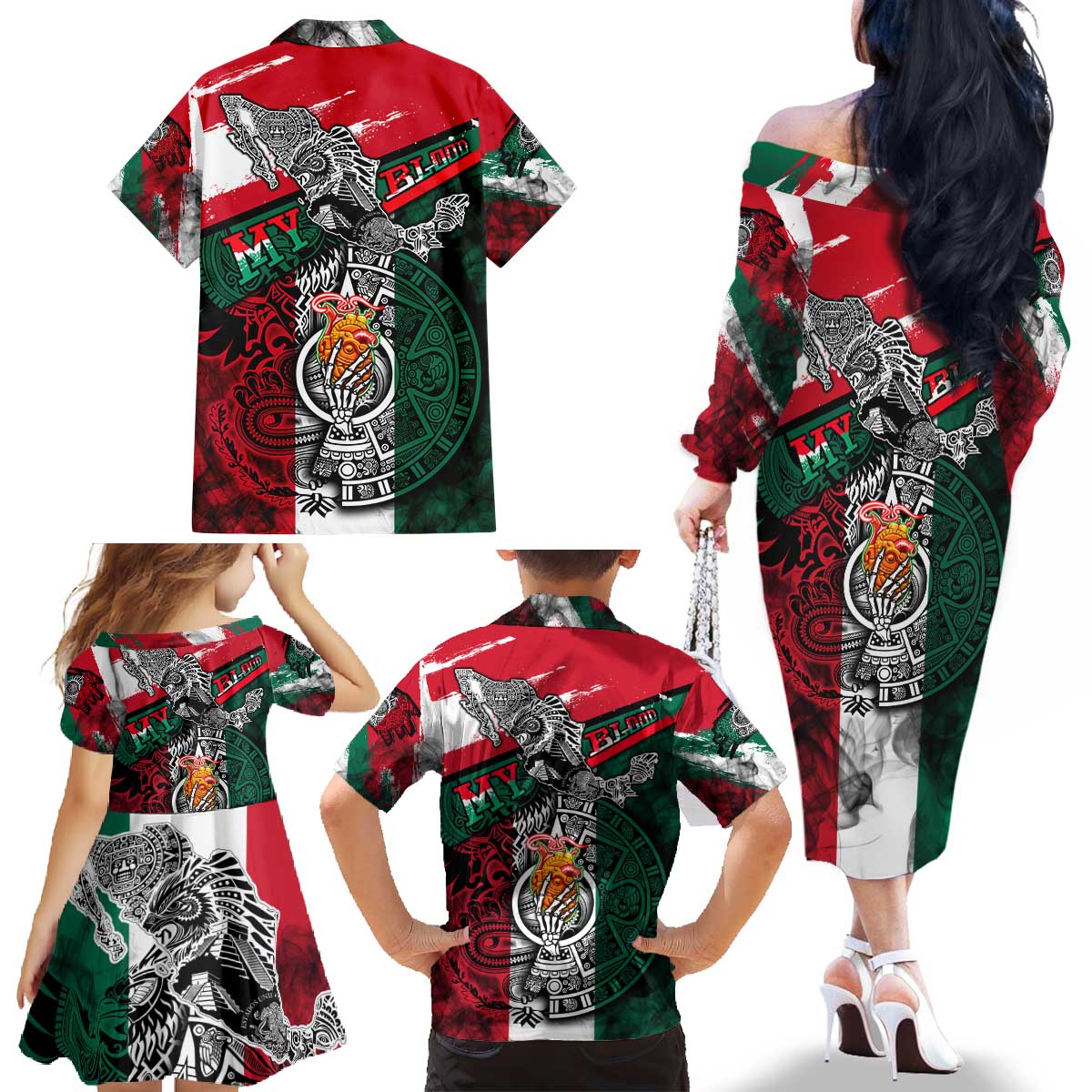 My Home My Blood Mexico Family Matching Off The Shoulder Long Sleeve Dress and Hawaiian Shirt Mexican Map Aztec