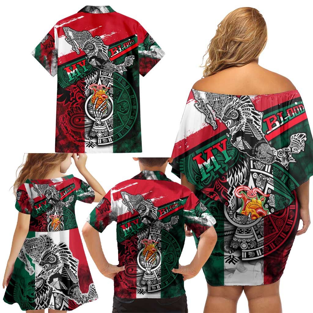 My Home My Blood Mexico Family Matching Off Shoulder Short Dress and Hawaiian Shirt Mexican Map Aztec