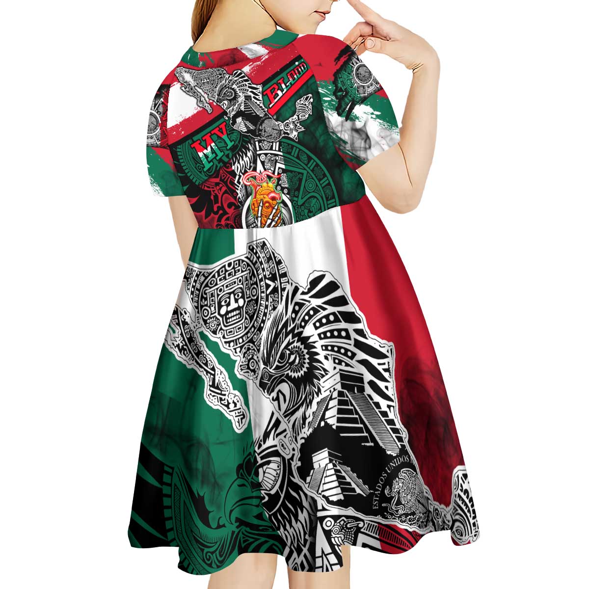 My Home My Blood Mexico Kid Short Sleeve Dress Mexican Map Aztec