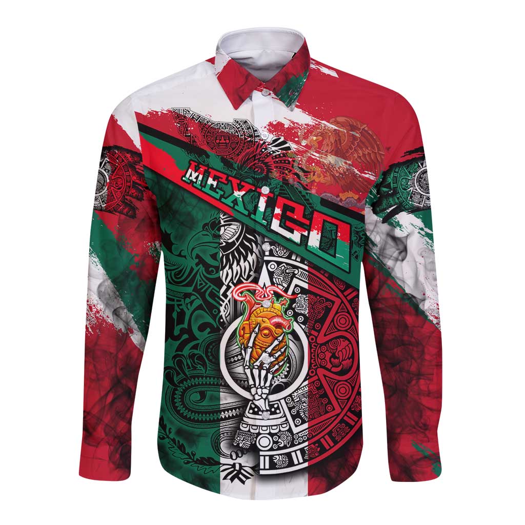 My Home My Blood Mexico Long Sleeve Button Shirt Mexican Map Aztec