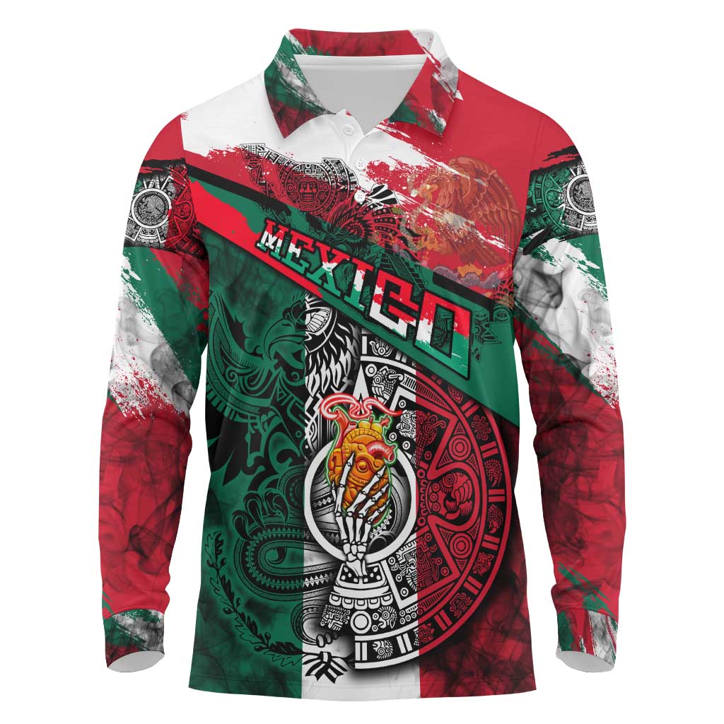 My Home My Blood Mexico Long Sleeve Polo Shirt Mexican Map Aztec