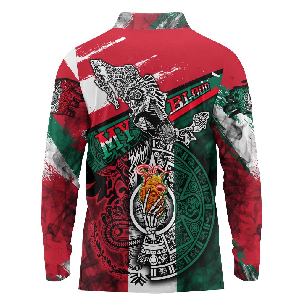 My Home My Blood Mexico Long Sleeve Polo Shirt Mexican Map Aztec